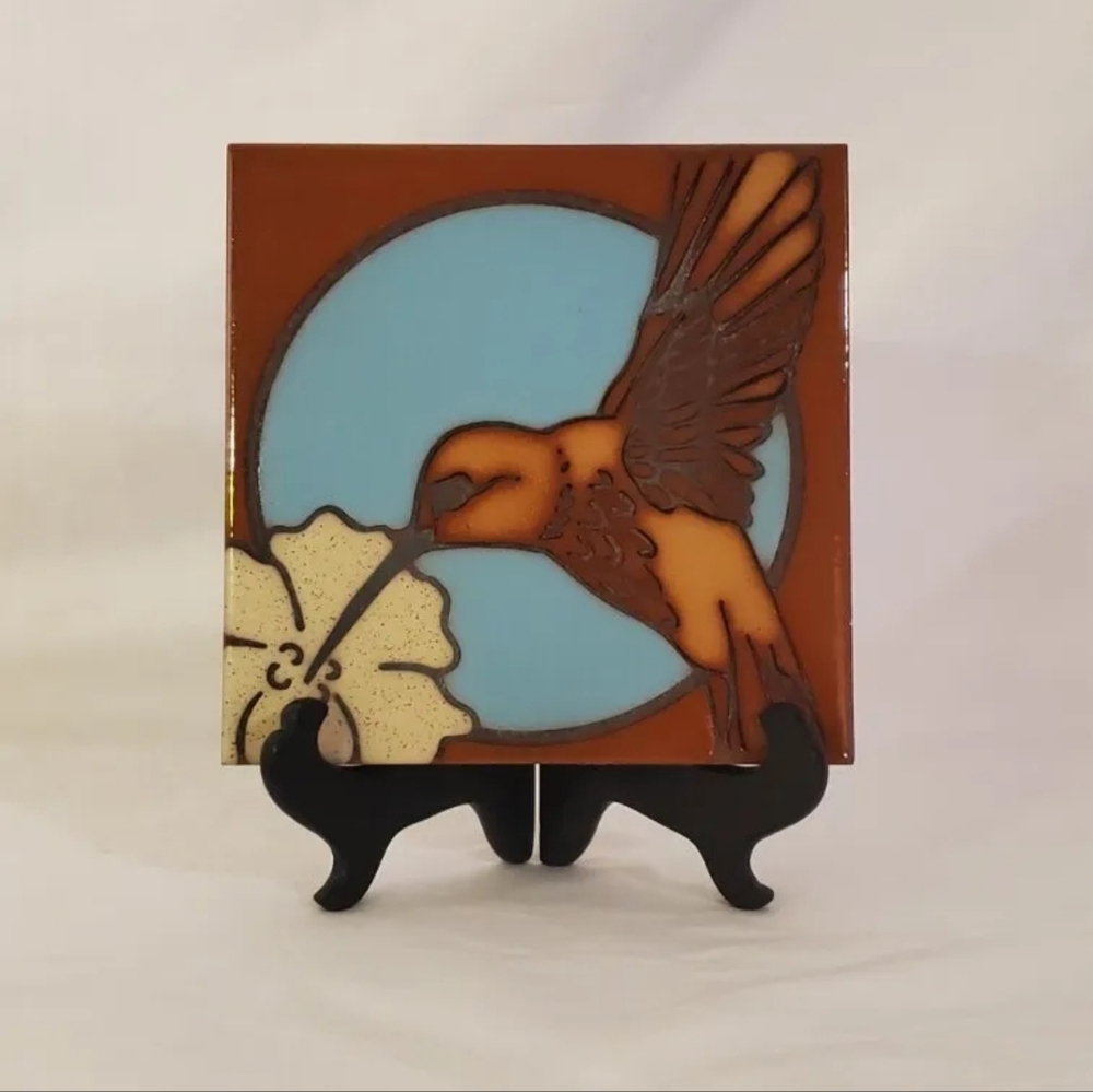 Artistic Hummingbird Stained Glass Tile with Stand